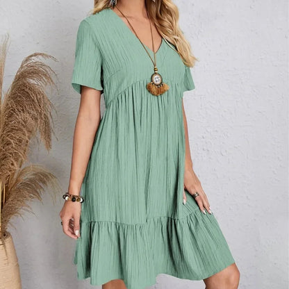 Spring V-Neck Short Sleeve Loose Waist Dress
