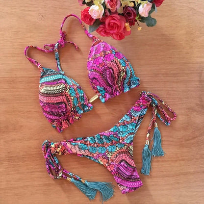 Sexy Floral Print String Bikini Set – Push-Up Swimsuit for Women