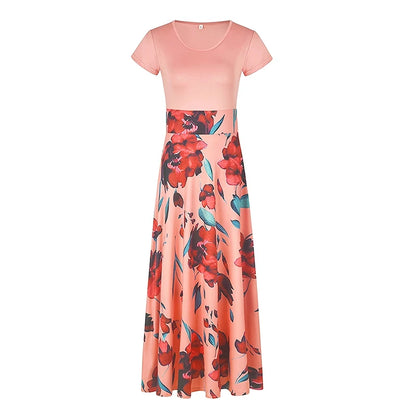 Printed Pleated Crew Neck Maxi Dress