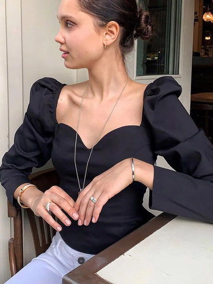 vintage square sexy small V-neck Slim blouse