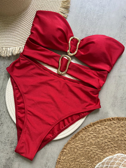 Colors Sexy Metal Rings Cut Out One-Piece Swimsuit
