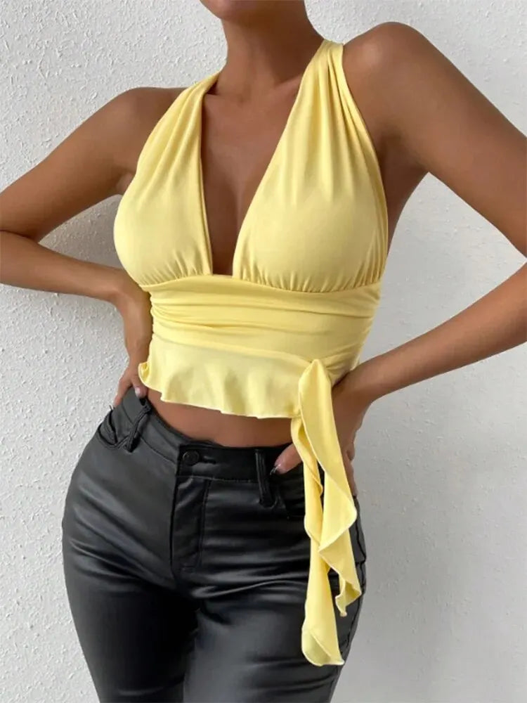 Women's Sexy Deep V-Neck Pleated Bodysuit – Spring & Summer Nightclub Glam