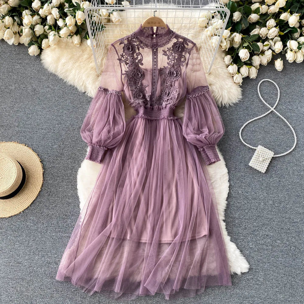 Lantern Sleeve High Waist Slim Female Dress
