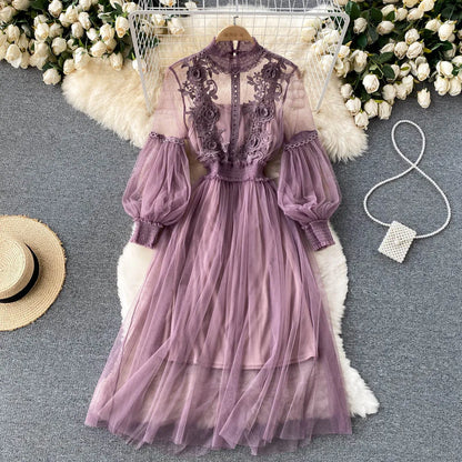 Lantern Sleeve High Waist Slim Female Dress