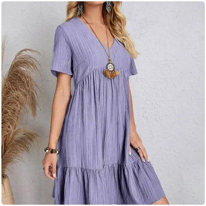 Spring V-Neck Short Sleeve Loose Waist Dress