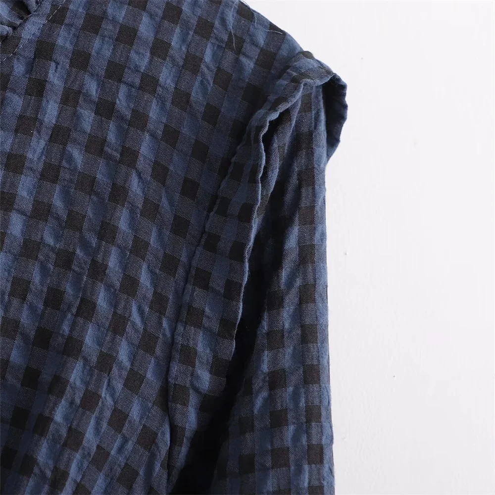 Fashion temperament casual versatile bubble sleeve plaid long jumpsuit