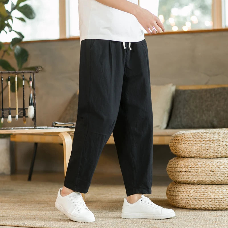 Cotton Linen Casual Drawstring Streetwear Pants