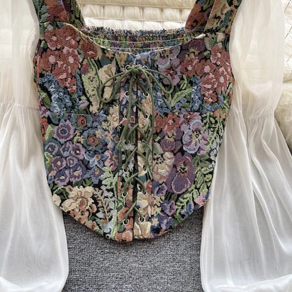 Retro Rose Print Gothic Long Sleeve Blouse