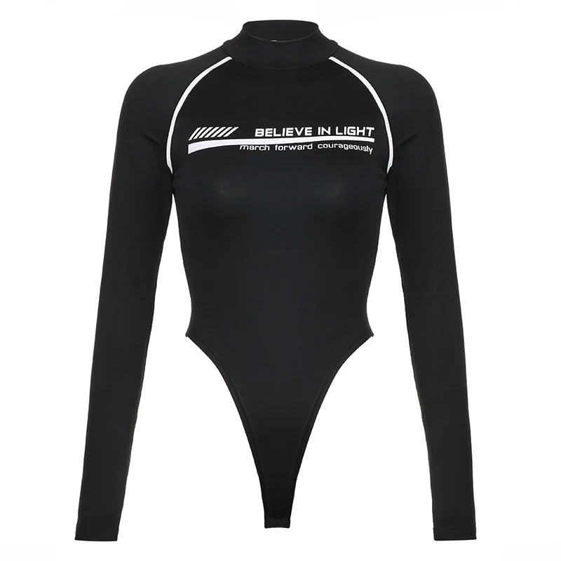 Moto & Biker Letter Print Bodysuit – Edgy Autumn/Winter Style