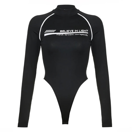 Moto & Biker Letter Print Bodysuit – Edgy Autumn/Winter Style
