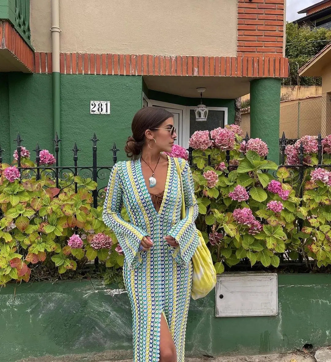Women Flare Sleeve V-neck High Split Sexy Long Dress
