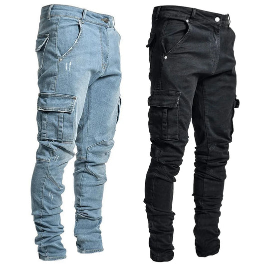 Elastic Denim Cargo Pants with Pockets
