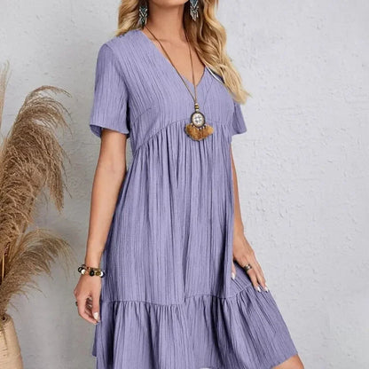 Spring V-Neck Short Sleeve Loose Waist Dress