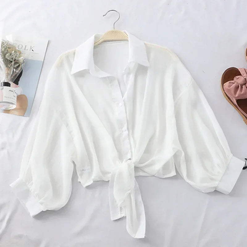 Elegant Solid Color Tied Waist Blouse
