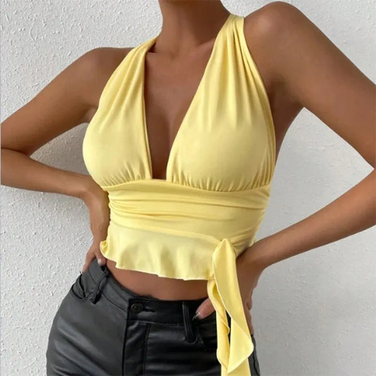 Women's Sexy Deep V-Neck Pleated Bodysuit – Spring & Summer Nightclub Glam
