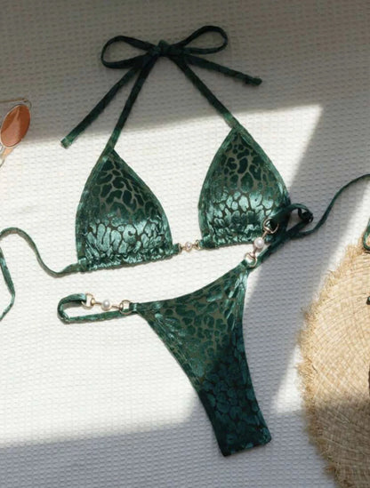 Brazilian Summer Women Leopard Pearl Bathing Suit