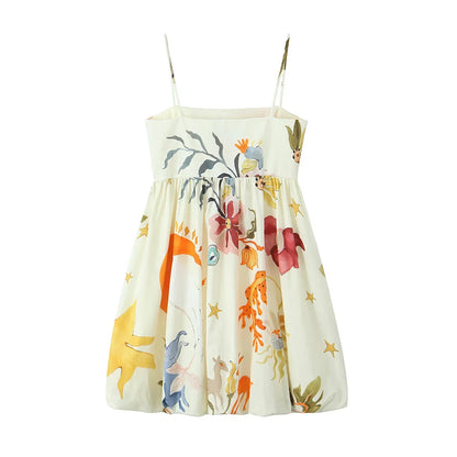 Fashion Printing Loose Side Zip Sleeveless Backless Sling Mini Dress