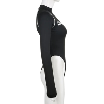 Moto & Biker Letter Print Bodysuit – Edgy Autumn/Winter Style