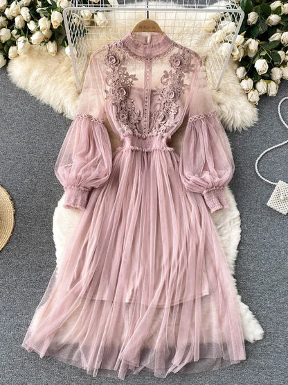 Lantern Sleeve High Waist Slim Female Dress