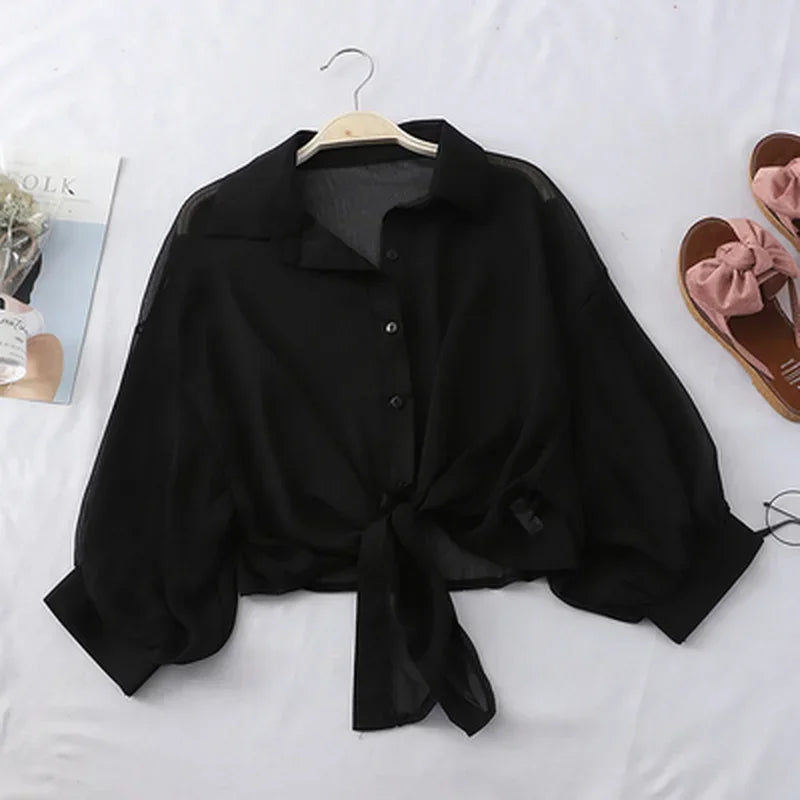 Elegant Solid Color Tied Waist Blouse