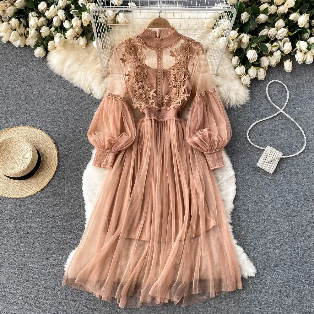 Lantern Sleeve High Waist Slim Female Dress