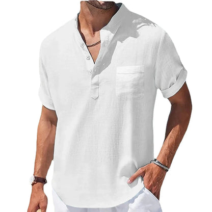 Casual Stand-Up Collar Linen Short Sleeve Shirt