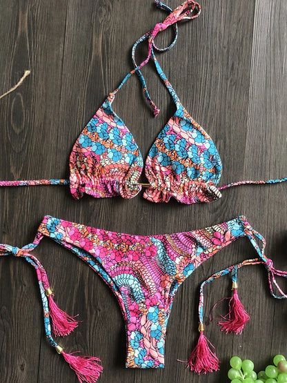 Sexy Floral Print String Bikini Set – Push-Up Swimsuit for Women