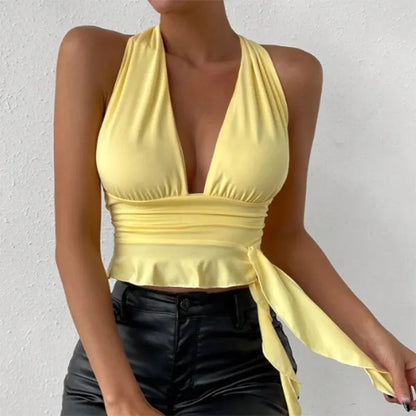 Women's Sexy Deep V-Neck Pleated Bodysuit – Spring & Summer Nightclub Glam