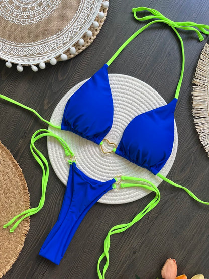 Sexy Solid Color Halter Bikini Set – Women's Triangle Thong Swimwear