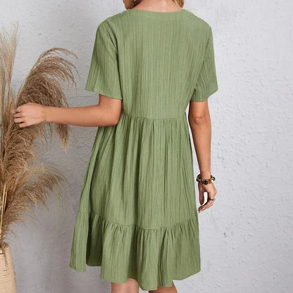 Spring V-Neck Short Sleeve Loose Waist Dress