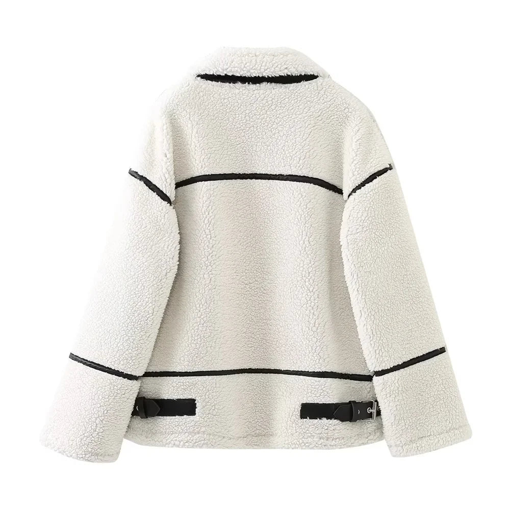 Women's Wool Contrast Color Plush Warm Jacket