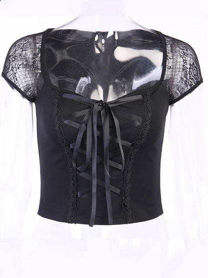 Vintage Gothic Bandage Lace Mesh Tee – Sexy Streetwear Vibes