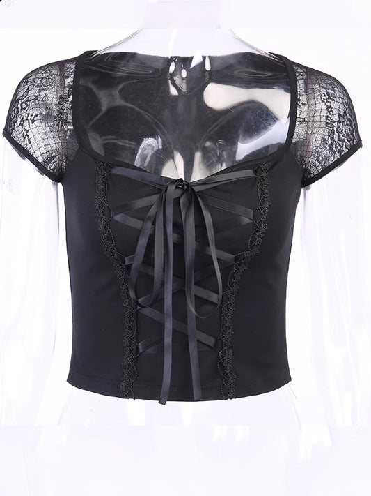 Vintage Gothic Bandage Lace Mesh Tee – Sexy Streetwear Vibes