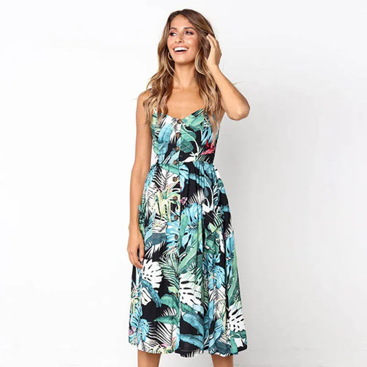 Printed Sleeveless V-Neck Summer Dress