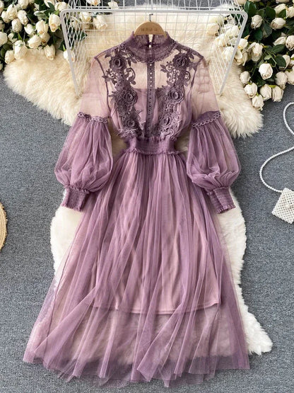 Lantern Sleeve High Waist Slim Female Dress