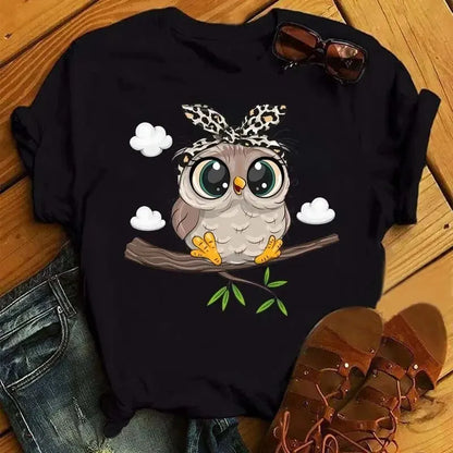 Owl Print Casual Black T-Shirt