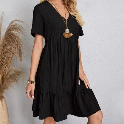 Spring V-Neck Short Sleeve Loose Waist Dress