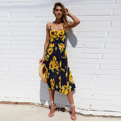 Printed Sleeveless V-Neck Summer Dress