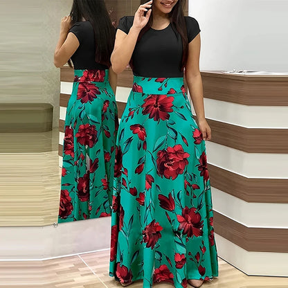 Printed Pleated Crew Neck Maxi Dress