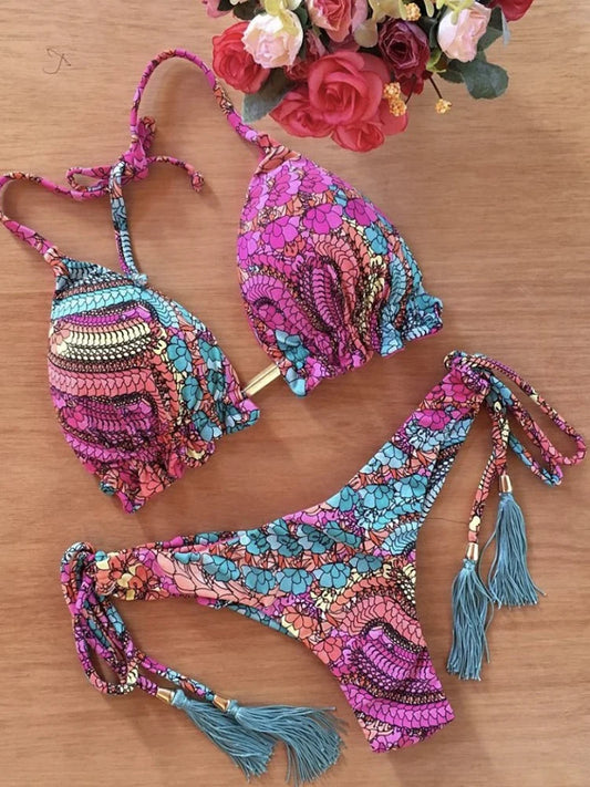 Sexy Floral Print String Bikini Set – Push-Up Swimsuit for Women