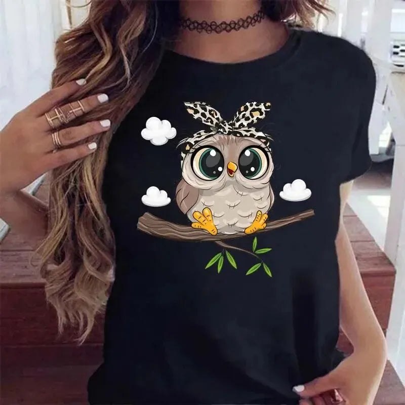 Owl Print Casual Black T-Shirt