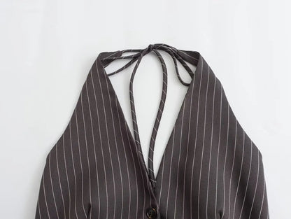 Backless Bow Tied Striped Sleeveless Blouse