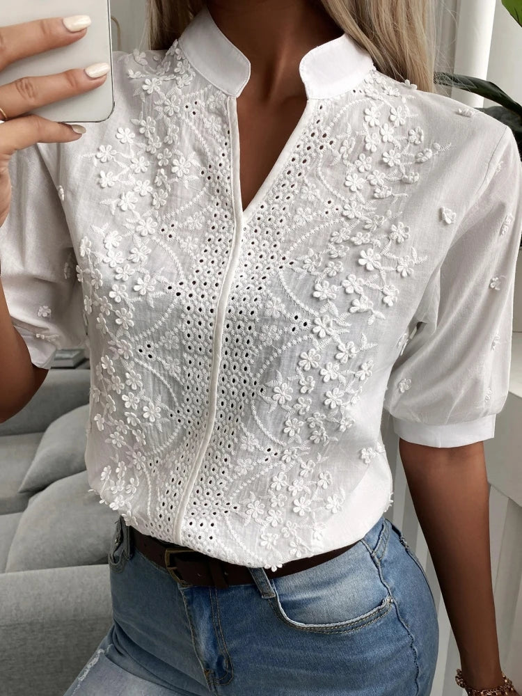 V-Neck Embroidered Lantern Sleeve Blouse