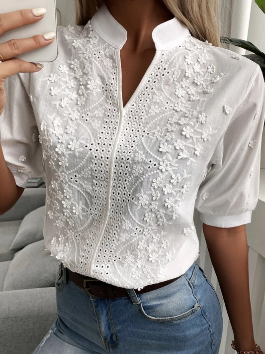 V-Neck Embroidered Lantern Sleeve Blouse