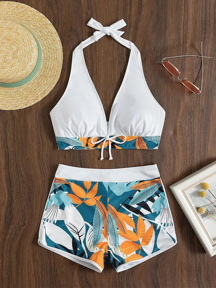Vintage-Inspired Halter Bikini Set – Printed High-Waist Swimwear for Women