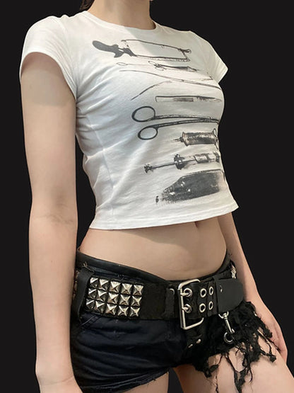 Dark Printed Cropped O-Neck T-Shirt