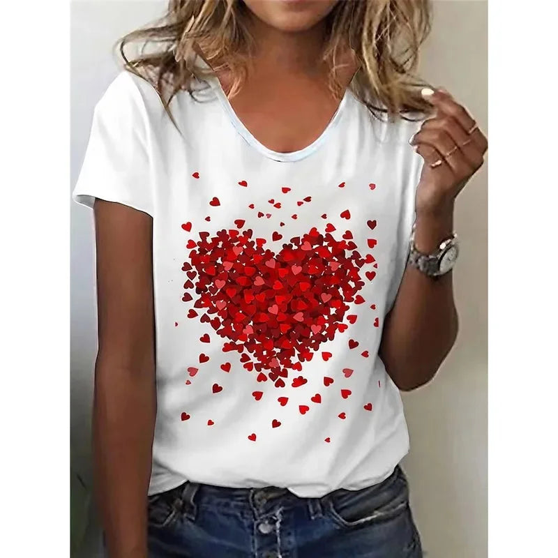 Red Love Print V-Neck T-Shirt