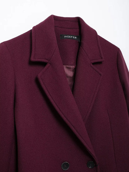 Women Fashion Burgundy Woolen Coat Double Breasted Jacket