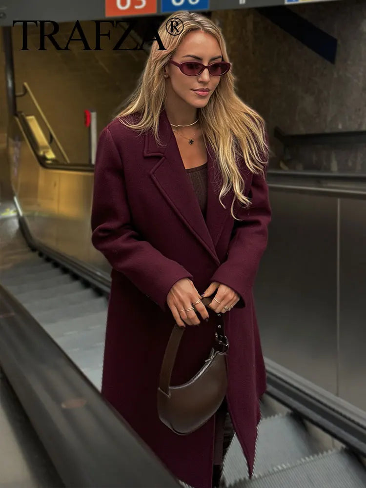 Women Fashion Burgundy Woolen Coat Double Breasted Jacket