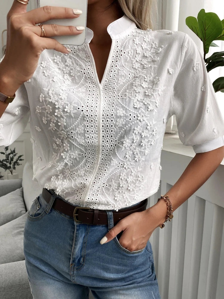 V-Neck Embroidered Lantern Sleeve Blouse